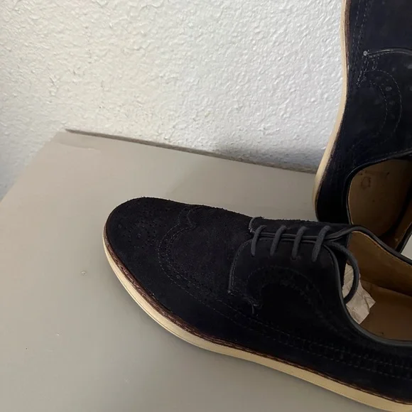 Men's MASSIMO DUTTI Suede Wingtip Oxford Shoes Lace-Up Perforated Loafer‎ Navy